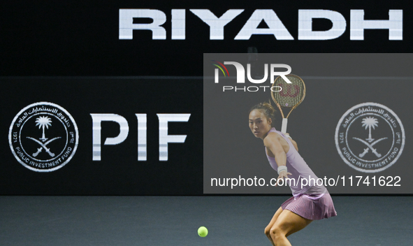 RIYADH, SAUDI ARABIA - NOVEMBER 04: Qinwen Zheng of China during her match against Elena Rybakina of Kazakhstan  on day 3 of the 2024 WTA Fi...