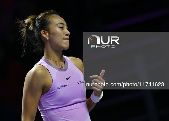 RIYADH, SAUDI ARABIA - NOVEMBER 04: Qinwen Zheng of China during her match against Elena Rybakina of Kazakhstan  on day 3 of the 2024 WTA Fi...