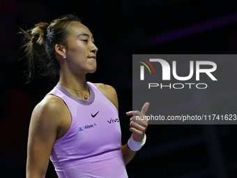 RIYADH, SAUDI ARABIA - NOVEMBER 04: Qinwen Zheng of China during her match against Elena Rybakina of Kazakhstan  on day 3 of the 2024 WTA Fi...