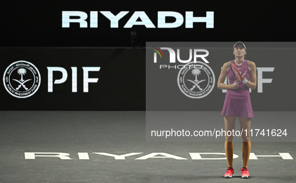 RIYADH, SAUDI ARABIA - NOVEMBER 04: Elena Rybakina of Kazakhstan during her match against Qinwen Zheng of China on day 3 of the 2024 WTA Fin...