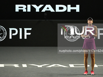 RIYADH, SAUDI ARABIA - NOVEMBER 04: Elena Rybakina of Kazakhstan during her match against Qinwen Zheng of China on day 3 of the 2024 WTA Fin...