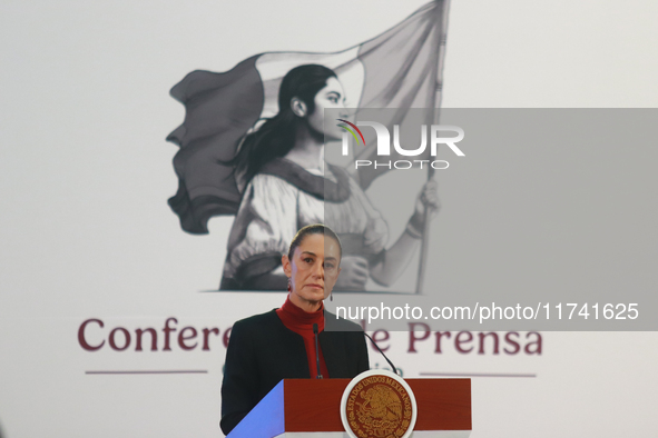 Claudia Sheinbaum Pardo, President of Mexico, speaks during a briefing conference about the United States electoral process at the National...