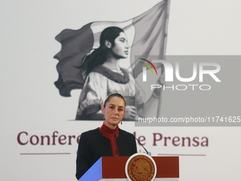 Claudia Sheinbaum Pardo, President of Mexico, speaks during a briefing conference about the United States electoral process at the National...