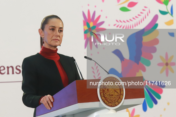 Claudia Sheinbaum Pardo, President of Mexico, speaks during a briefing conference about the United States electoral process at the National...