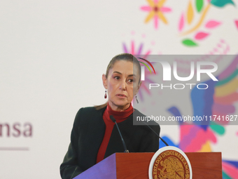 Claudia Sheinbaum Pardo, President of Mexico, speaks during a briefing conference about the United States electoral process at the National...