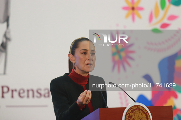 Claudia Sheinbaum Pardo, President of Mexico, speaks during a briefing conference about the United States electoral process at the National...