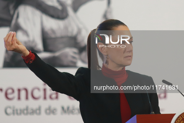 Claudia Sheinbaum Pardo, President of Mexico, speaks during a briefing conference about the United States electoral process at the National...