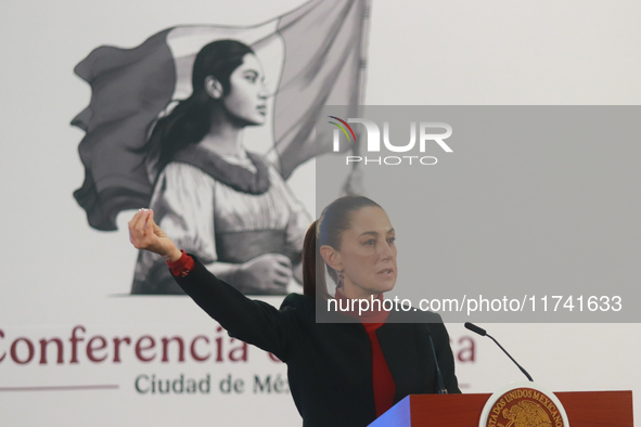 Claudia Sheinbaum Pardo, President of Mexico, speaks during a briefing conference about the United States electoral process at the National...