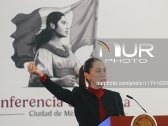 Claudia Sheinbaum Pardo, President of Mexico, speaks during a briefing conference about the United States electoral process at the National...