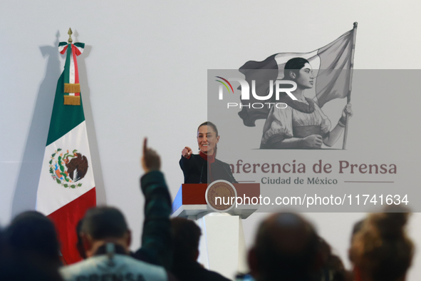 Claudia Sheinbaum Pardo, President of Mexico, speaks during a briefing conference about the United States electoral process at the National...