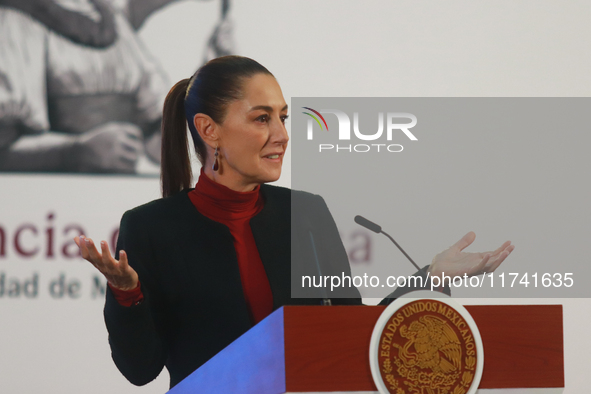 Claudia Sheinbaum Pardo, President of Mexico, speaks during a briefing conference about the United States electoral process at the National...