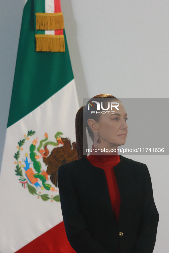 Claudia Sheinbaum Pardo, President of Mexico, speaks during a briefing conference about the United States electoral process at the National...