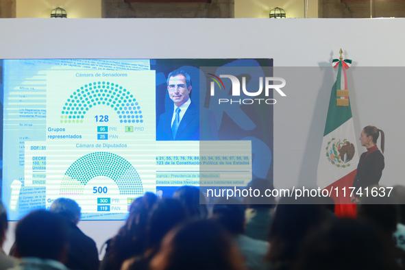 Claudia Sheinbaum Pardo, President of Mexico, speaks during a briefing conference about the United States electoral process at the National...