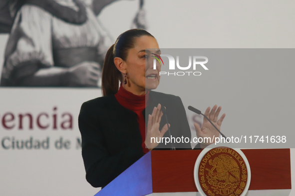 Claudia Sheinbaum Pardo, President of Mexico, speaks during a briefing conference about the United States electoral process at the National...