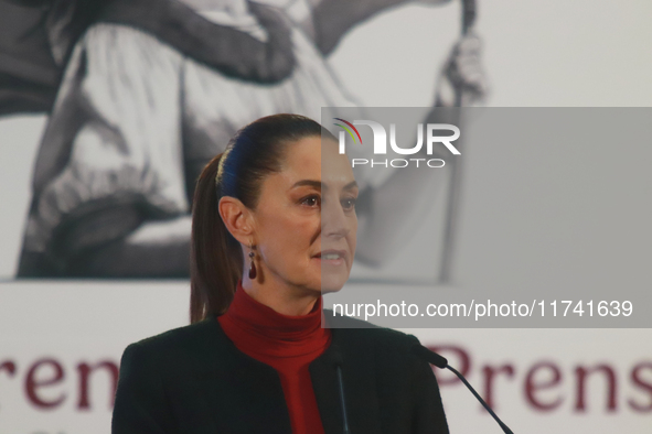 Claudia Sheinbaum Pardo, President of Mexico, speaks during a briefing conference about the United States electoral process at the National...