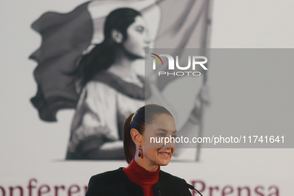 Claudia Sheinbaum Pardo, President of Mexico, speaks during a briefing conference about the United States electoral process at the National...