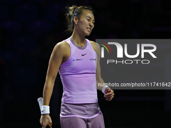 RIYADH, SAUDI ARABIA - NOVEMBER 04: Qinwen Zheng of China during her match against Elena Rybakina of Kazakhstan  on day 3 of the 2024 WTA Fi...