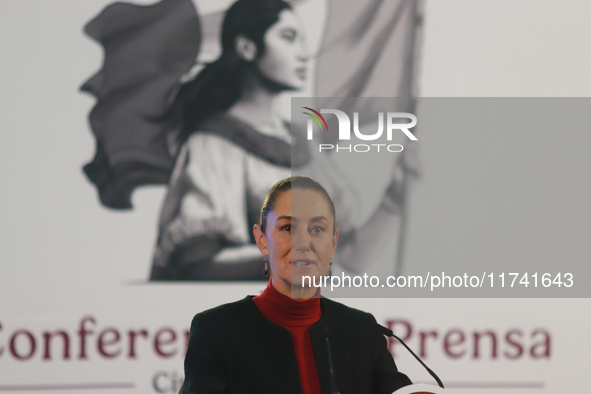 Claudia Sheinbaum Pardo, President of Mexico, speaks during a briefing conference about the United States electoral process at the National...