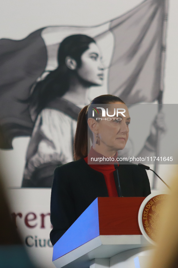 Claudia Sheinbaum Pardo, President of Mexico, speaks during a briefing conference about the United States electoral process at the National...