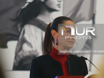 Claudia Sheinbaum Pardo, President of Mexico, speaks during a briefing conference about the United States electoral process at the National...