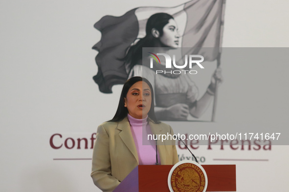 Ariadna Montiel Reyes, Secretary of Welfare, speaks during a briefing conference at the National Palace in Mexico City, Mexico, on November...