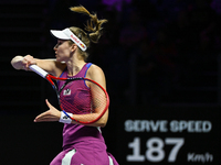 RIYADH, SAUDI ARABIA - NOVEMBER 04: Elena Rybakina of Kazakhstan during her match against Qinwen Zheng of China on day 3 of the 2024 WTA Fin...