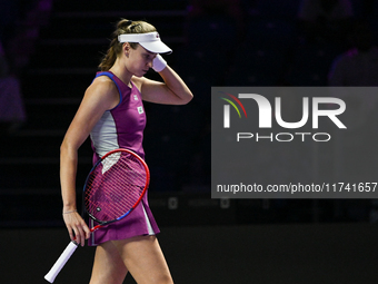 RIYADH, SAUDI ARABIA - NOVEMBER 04: Elena Rybakina of Kazakhstan during her match against Qinwen Zheng of China on day 3 of the 2024 WTA Fin...