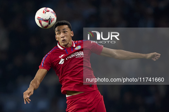 Alvaro Rodriguez of Getafe CF heads the ball during the La Liga EA Sports match between RC Celta de Vigo and Getafe CF at Estadio Abanca Bal...