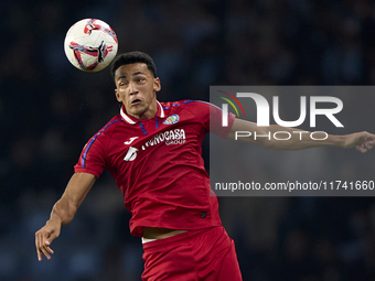 Alvaro Rodriguez of Getafe CF heads the ball during the La Liga EA Sports match between RC Celta de Vigo and Getafe CF at Estadio Abanca Bal...