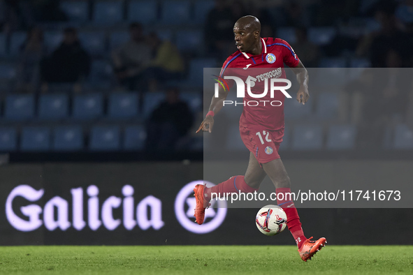 Allan Nyom of Getafe CF is in action during the La Liga EA Sports match between RC Celta de Vigo and Getafe CF at Estadio Abanca Balaidos in...