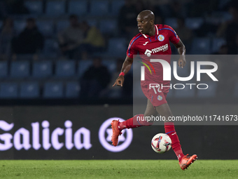 Allan Nyom of Getafe CF is in action during the La Liga EA Sports match between RC Celta de Vigo and Getafe CF at Estadio Abanca Balaidos in...