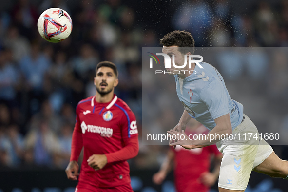 Anastasios Douvikas of RC Celta de Vigo heads the ball during the La Liga EA Sports match between RC Celta de Vigo and Getafe CF at Estadio...