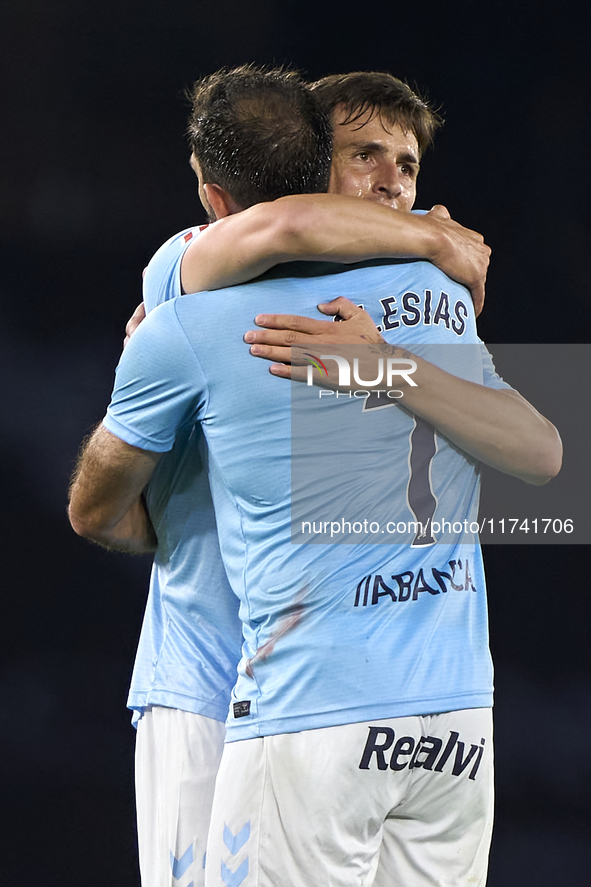 Tadeo Allende of RC Celta de Vigo and Borja Iglesias of RC Celta de Vigo celebrate victory after the La Liga EA Sports match between RC Celt...