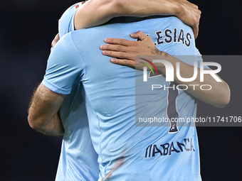 Tadeo Allende of RC Celta de Vigo and Borja Iglesias of RC Celta de Vigo celebrate victory after the La Liga EA Sports match between RC Celt...