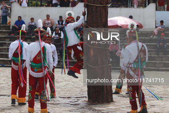 The Voladores of Cuetzalan perform a pre-Hispanic ritual ceremony that involves tying their feet with ropes and launching themselves into th...