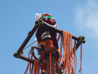 The Voladores of Cuetzalan perform a pre-Hispanic ritual ceremony that involves tying their feet with ropes and launching themselves into th...