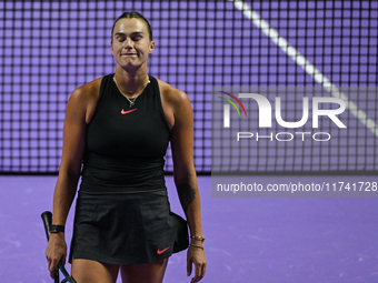 RIYADH, SAUDI ARABIA - NOVEMBER 04: Aryna Sabalenka of Belarus during her match against Jasmine Paolini of Italy on day 3 of the 2024 WTA Fi...