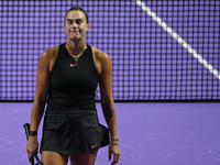 RIYADH, SAUDI ARABIA - NOVEMBER 04: Aryna Sabalenka of Belarus during her match against Jasmine Paolini of Italy on day 3 of the 2024 WTA Fi...