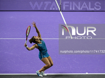 RIYADH, SAUDI ARABIA - NOVEMBER 04: Jasmine Paolini of Italy during her match against Aryna Sabalenka of Belarus  on day 3 of the 2024 WTA F...