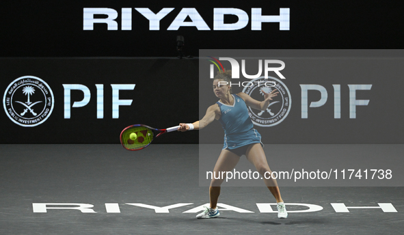 RIYADH, SAUDI ARABIA - NOVEMBER 04: Jasmine Paolini of Italy during her match against Aryna Sabalenka of Belarus  on day 3 of the 2024 WTA F...