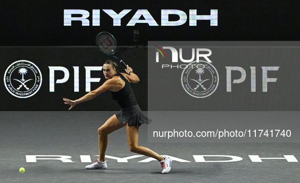 RIYADH, SAUDI ARABIA - NOVEMBER 04: Aryna Sabalenka of Belarus during her match against Jasmine Paolini of Italy on day 3 of the 2024 WTA Fi...