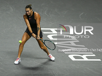 RIYADH, SAUDI ARABIA - NOVEMBER 04: Aryna Sabalenka of Belarus during her match against Jasmine Paolini of Italy on day 3 of the 2024 WTA Fi...