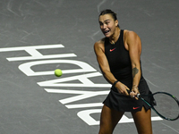 RIYADH, SAUDI ARABIA - NOVEMBER 04: Aryna Sabalenka of Belarus during her match against Jasmine Paolini of Italy on day 3 of the 2024 WTA Fi...