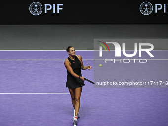 RIYADH, SAUDI ARABIA - NOVEMBER 04: Aryna Sabalenka of Belarus during her match against Jasmine Paolini of Italy on day 3 of the 2024 WTA Fi...