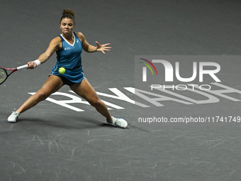 RIYADH, SAUDI ARABIA - NOVEMBER 04: Jasmine Paolini of Italy during her match against Aryna Sabalenka of Belarus  on day 3 of the 2024 WTA F...