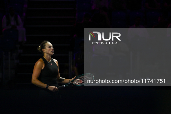 RIYADH, SAUDI ARABIA - NOVEMBER 04: Aryna Sabalenka of Belarus during her match against Jasmine Paolini of Italy on day 3 of the 2024 WTA Fi...