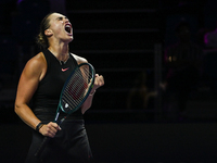 RIYADH, SAUDI ARABIA - NOVEMBER 04: Aryna Sabalenka of Belarus during her match against Jasmine Paolini of Italy on day 3 of the 2024 WTA Fi...