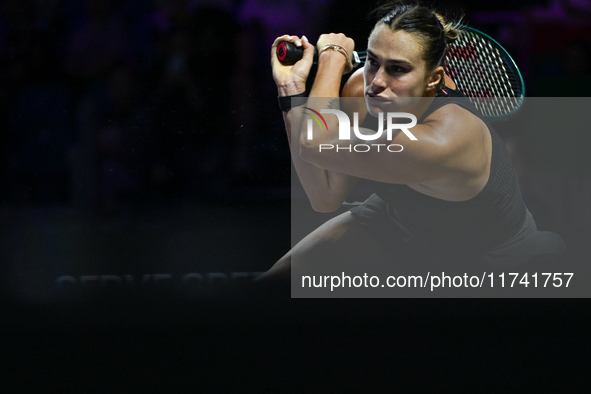 RIYADH, SAUDI ARABIA - NOVEMBER 04: Aryna Sabalenka of Belarus during her match against Jasmine Paolini of Italy on day 3 of the 2024 WTA Fi...