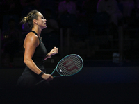 RIYADH, SAUDI ARABIA - NOVEMBER 04: Aryna Sabalenka of Belarus during her match against Jasmine Paolini of Italy on day 3 of the 2024 WTA Fi...