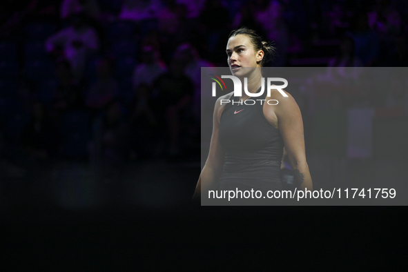 RIYADH, SAUDI ARABIA - NOVEMBER 04: Aryna Sabalenka of Belarus during her match against Jasmine Paolini of Italy on day 3 of the 2024 WTA Fi...